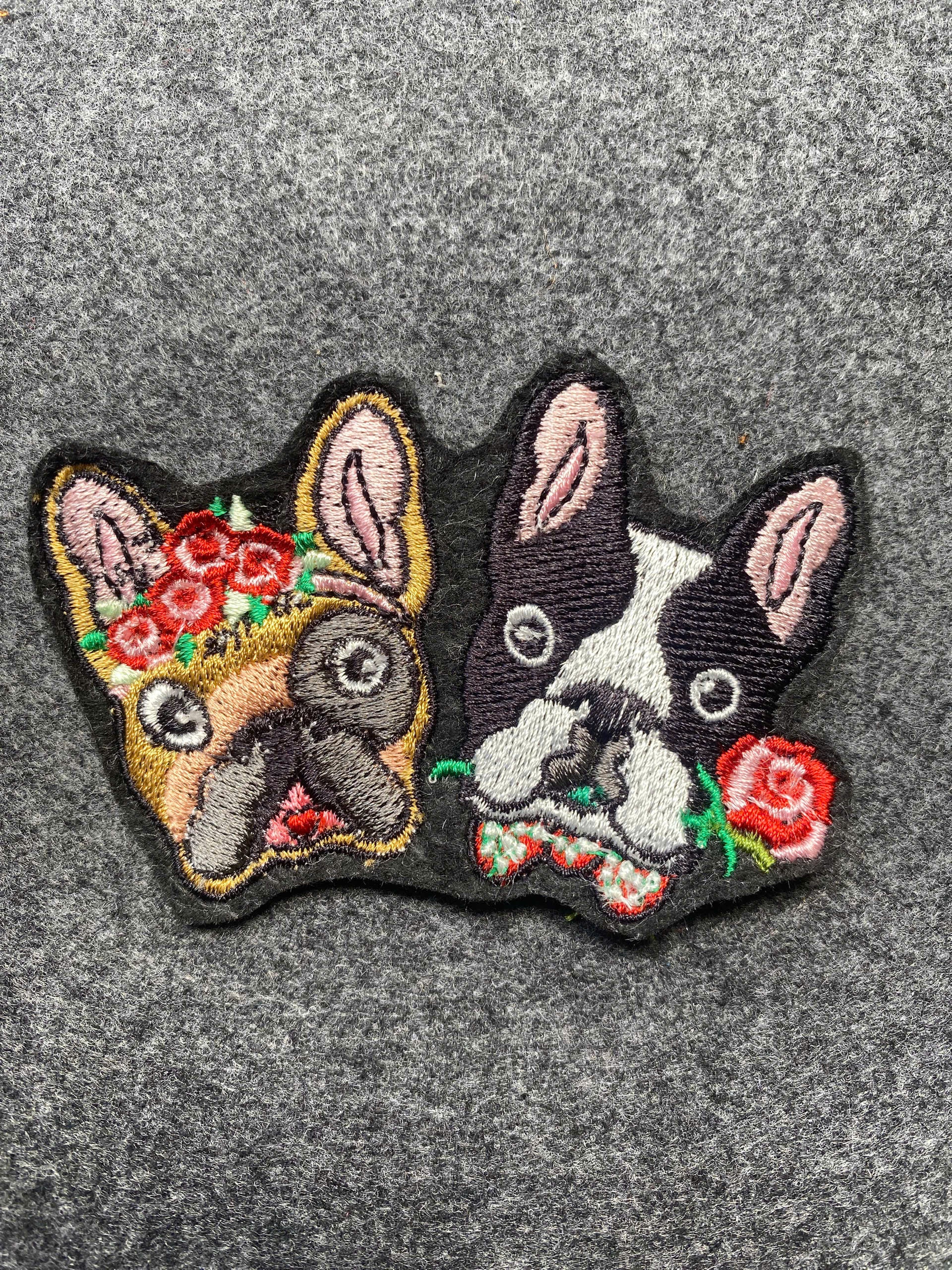 Boston Terrier Duo Floral Patch - iron-on embroidered patch