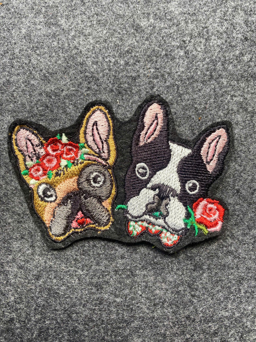 Boston Terrier Duo Floral Patch - iron-on embroidered patch