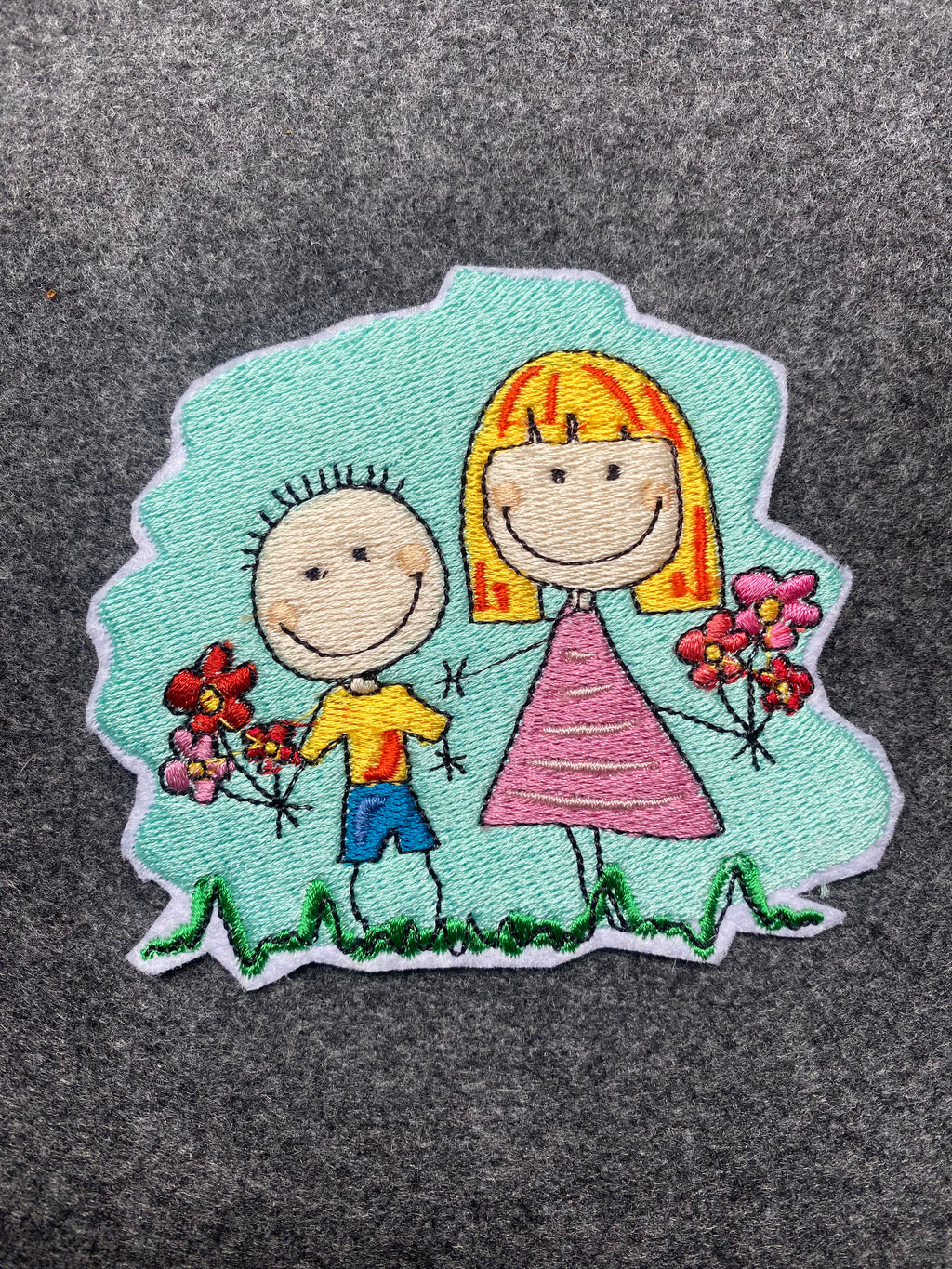 Boy and Girl with Flowers Patch - iron-on embroidered patch