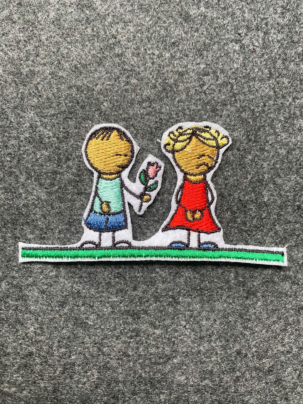 Boy and Girl with Rose Patch - iron-on embroidered patch