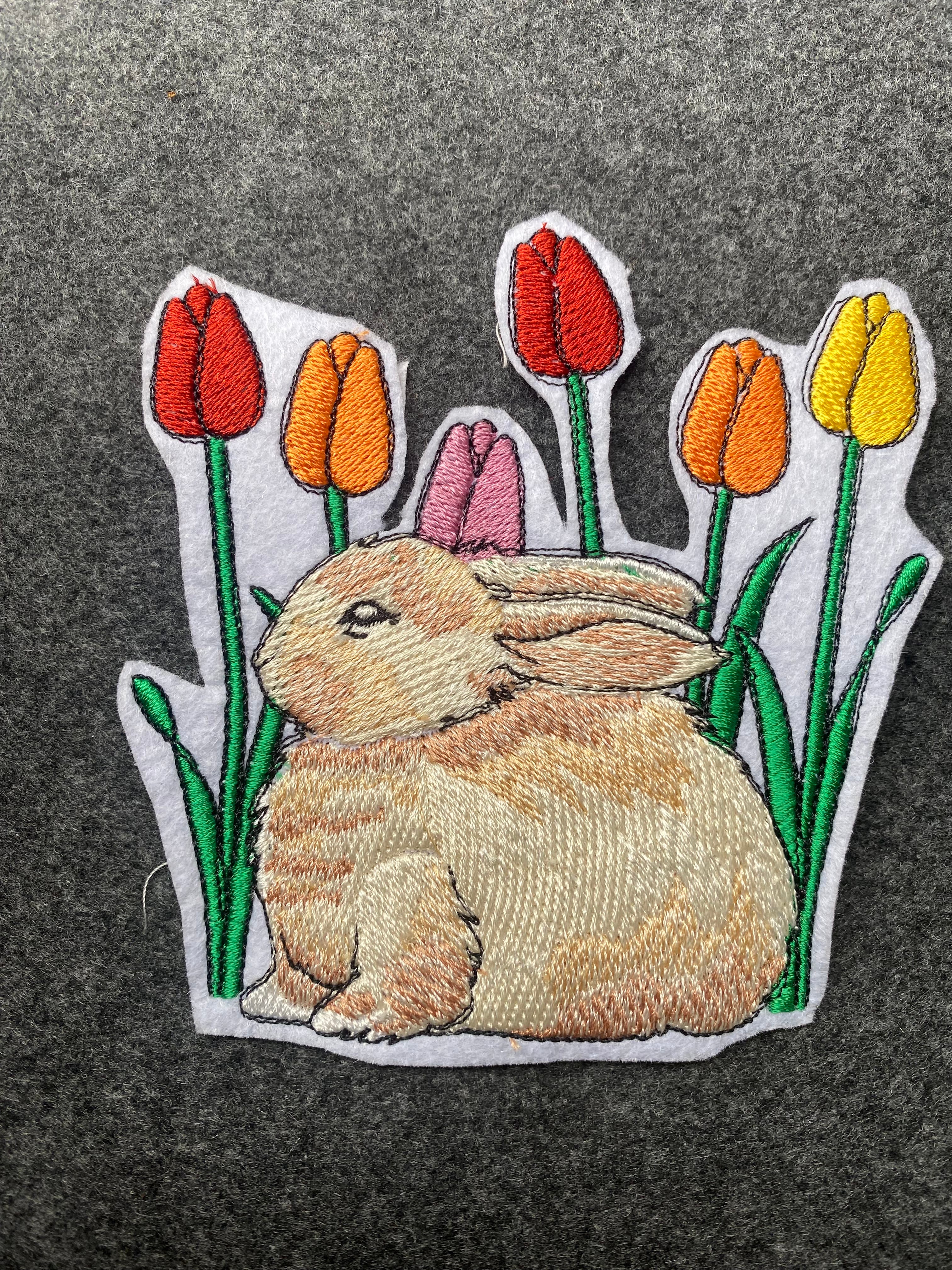 Bunny with Tulips Patch - iron-on embroidered patch