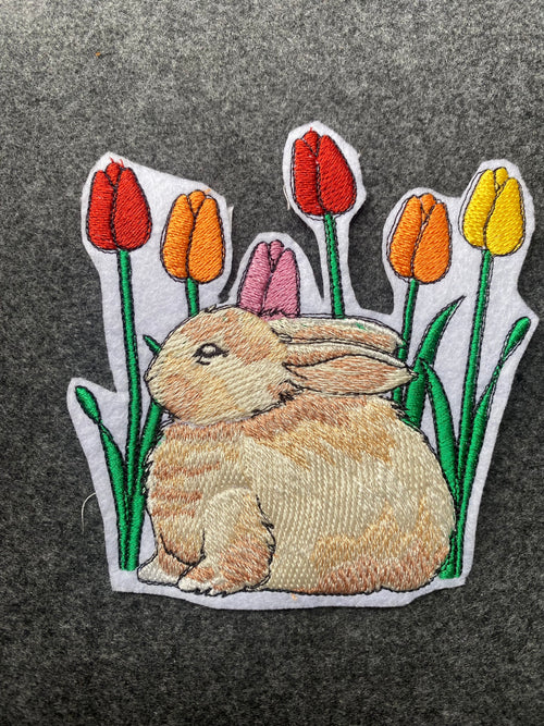 Bunny with Tulips Patch - iron-on embroidered patch