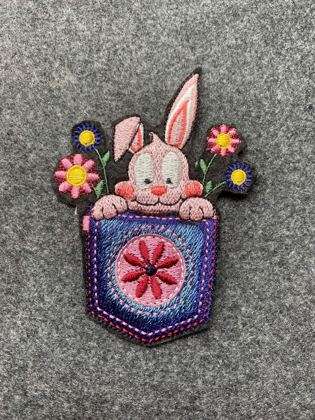 Bunny in Pocket Flowers Patch - iron-on embroidered patch