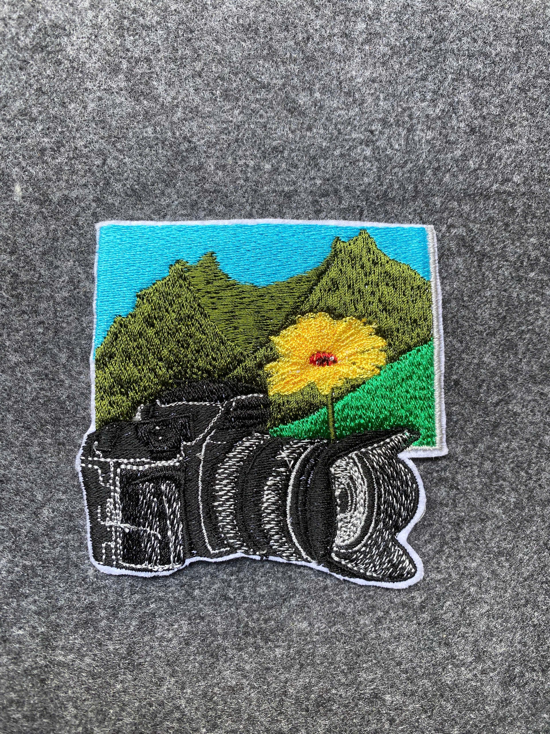 Camera with Mountain Flower Patch - iron-on embroidered patch
