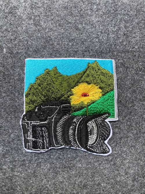 Camera with Mountain Flower Patch - iron-on embroidered patch