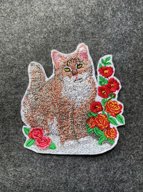Cat with Flowers Patch - iron-on embroidered patch