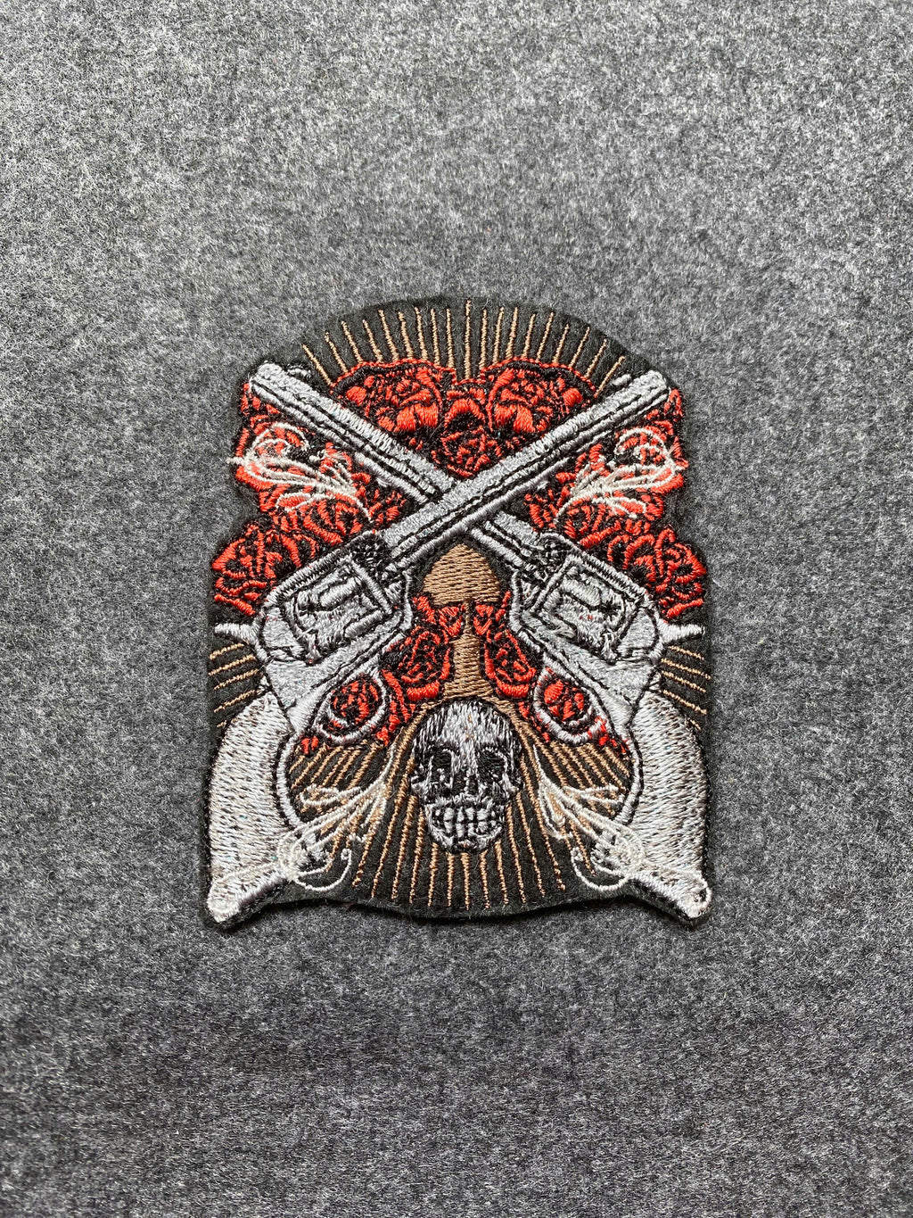 Crossed Guns with Roses Skull Patch - iron-on embroidered patch