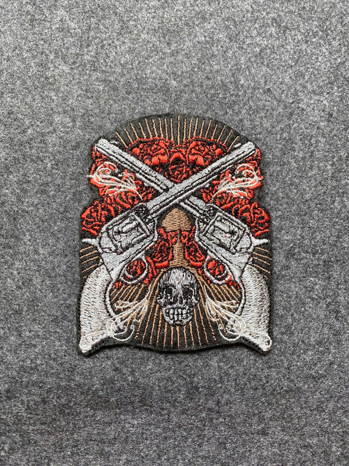 Crossed Guns with Roses Skull Patch - iron-on embroidered patch