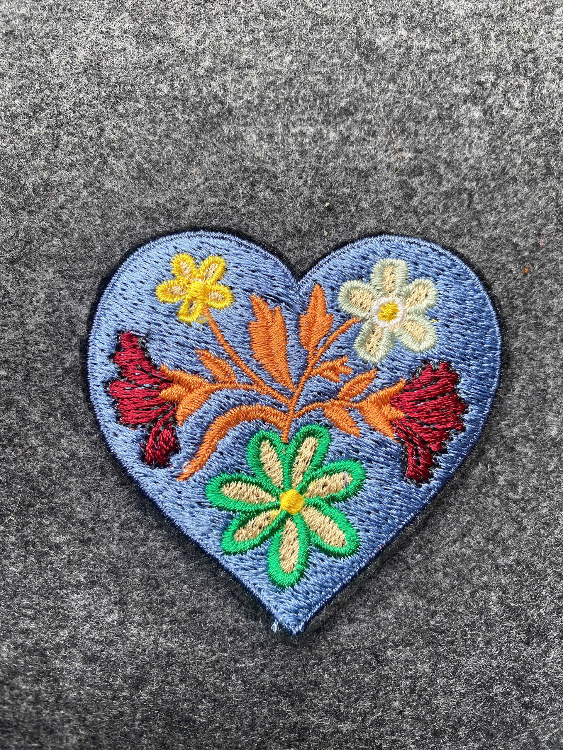 Denim Heart with Flowers Patch - iron-on embroidered patch