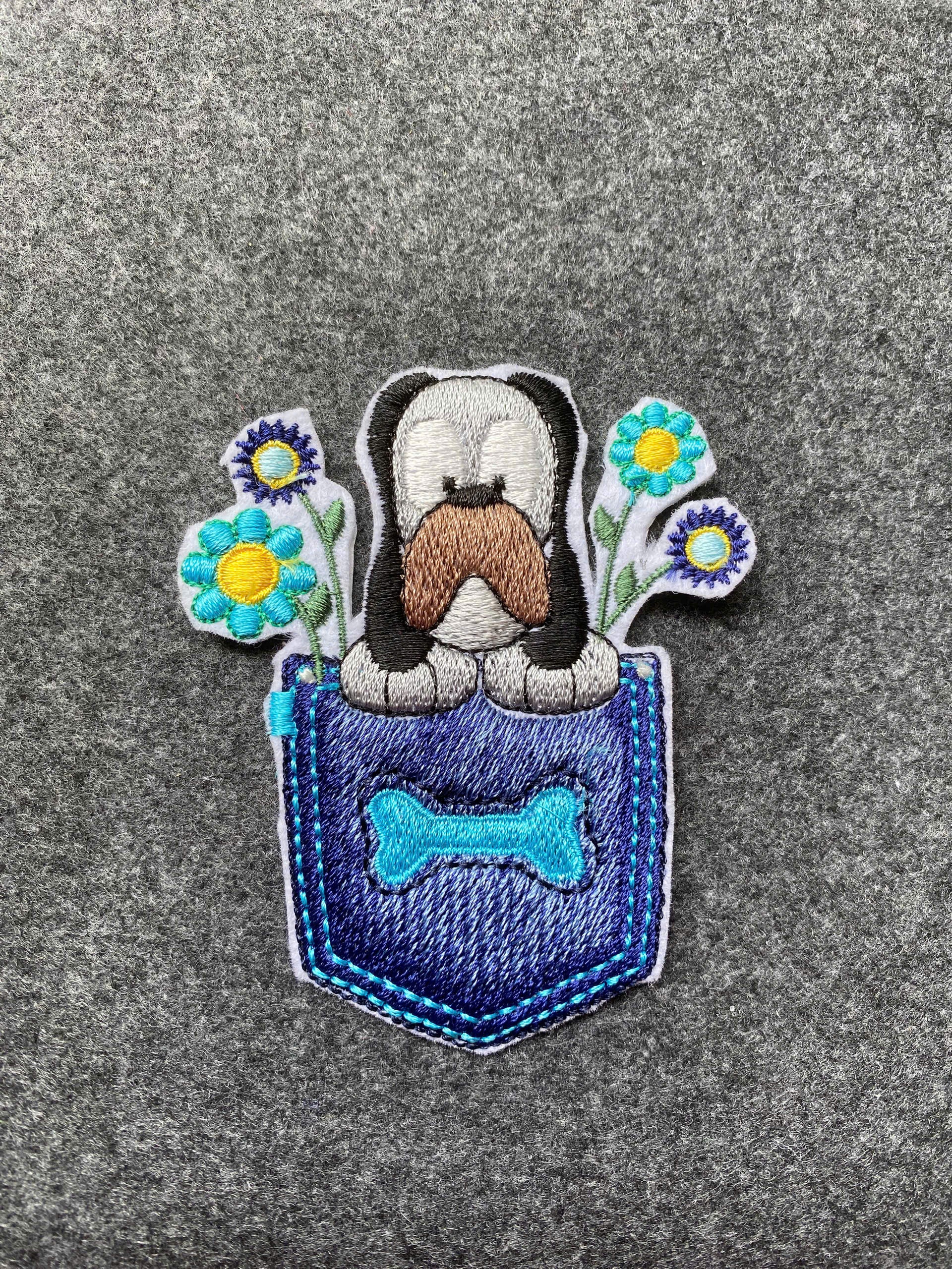 Dog in Pocket Bone Flowers Patch - iron-on embroidered patch