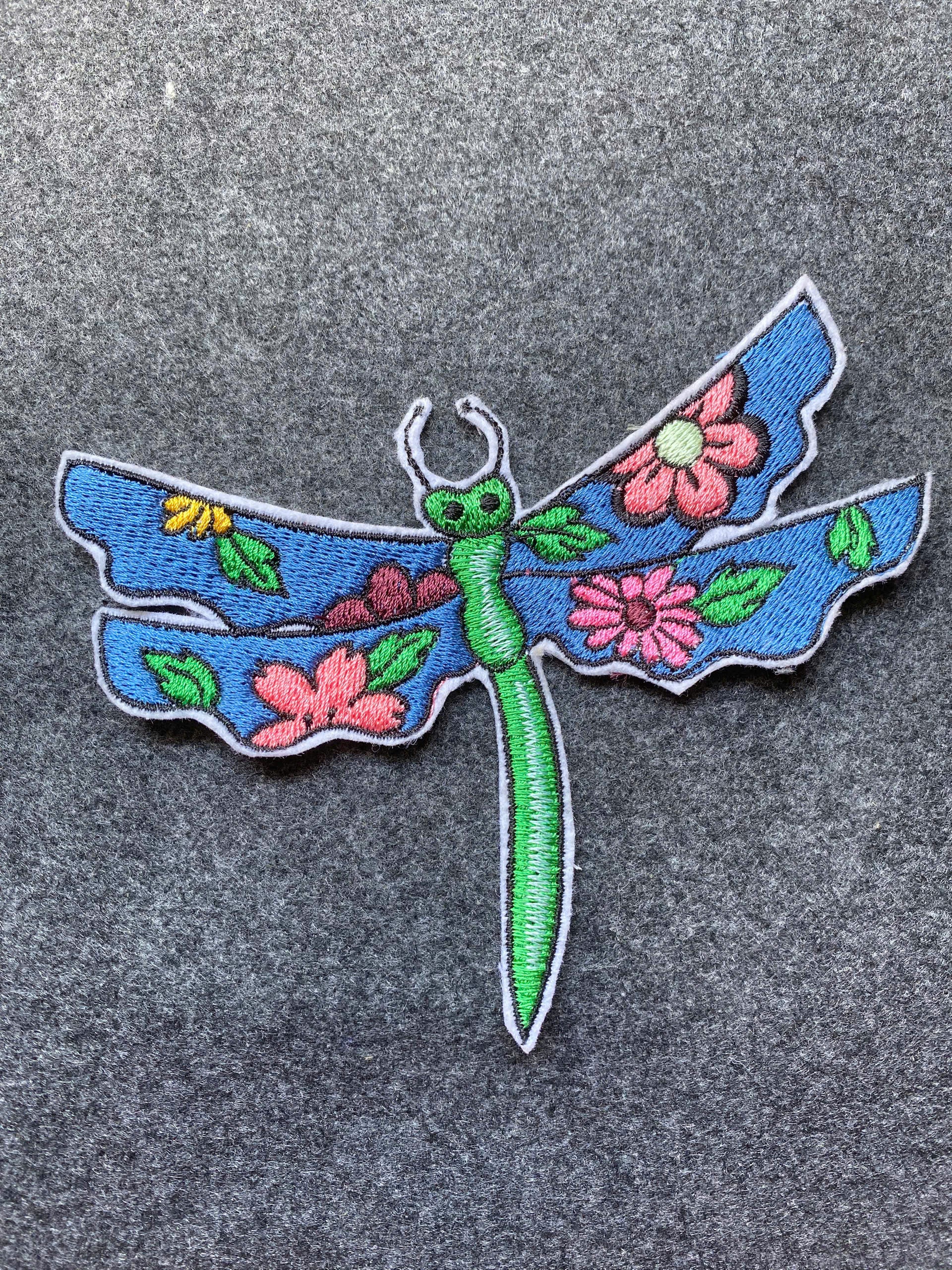 Dragonfly with Flowers Patch - iron-on embroidered patch