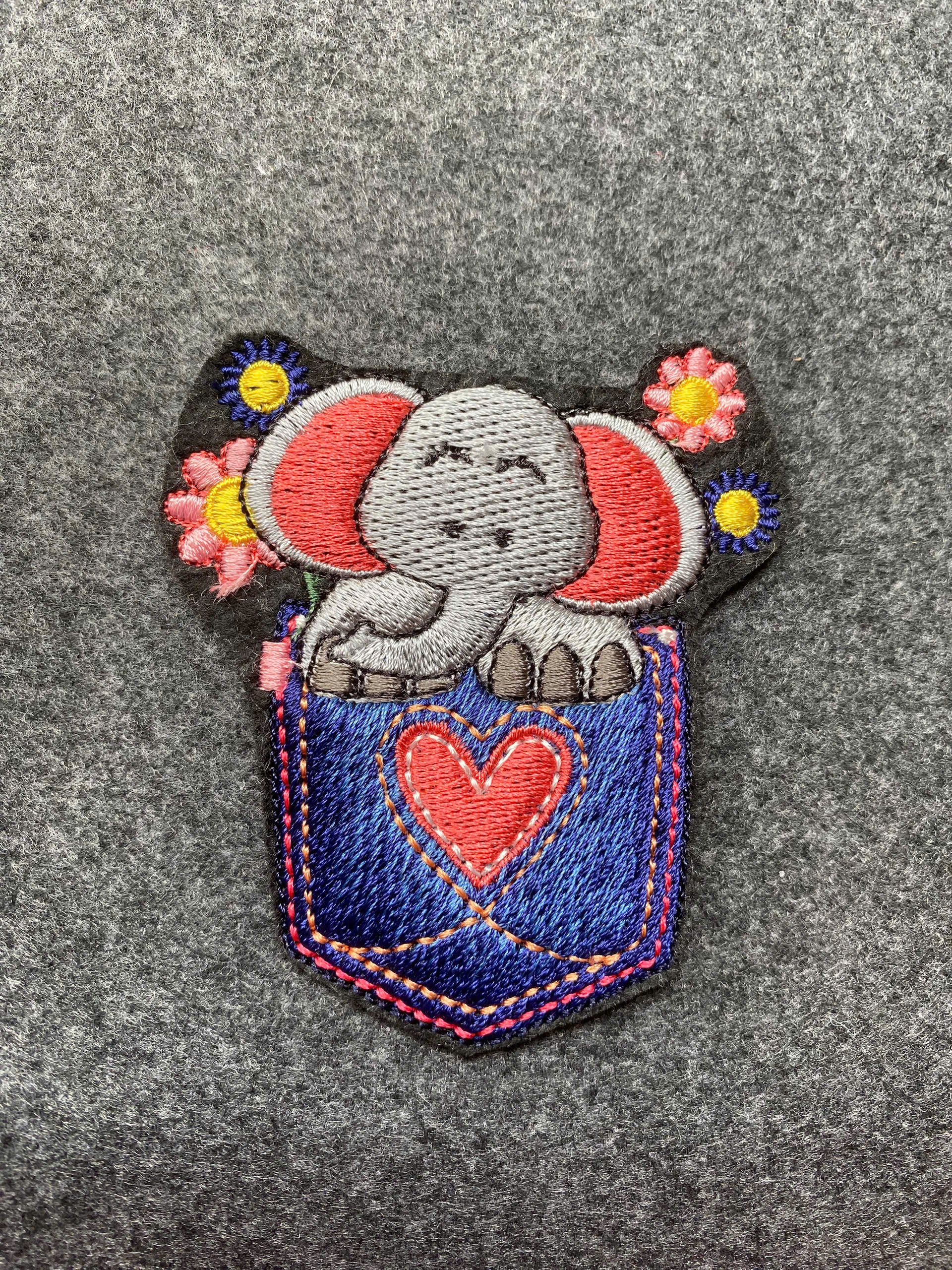 Elephant in Pocket Heart Patch - iron-on embroidered patch