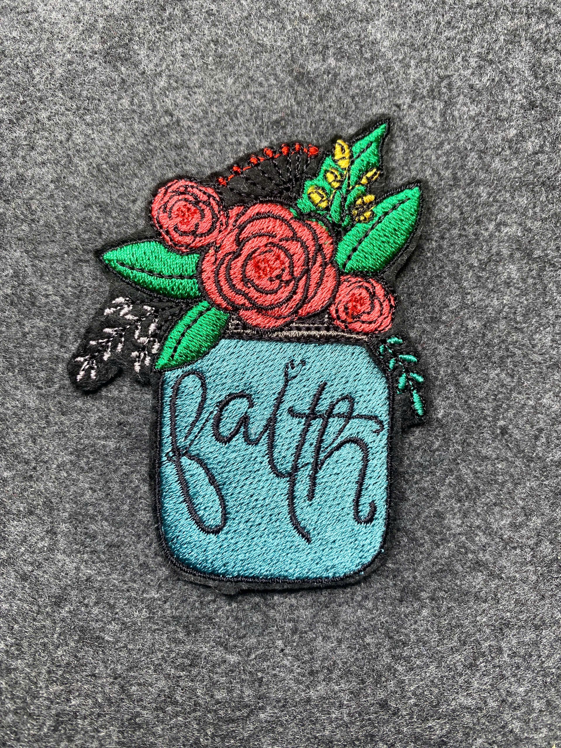 Faith Mason Jar with Roses Patch - iron-on embroidered patch