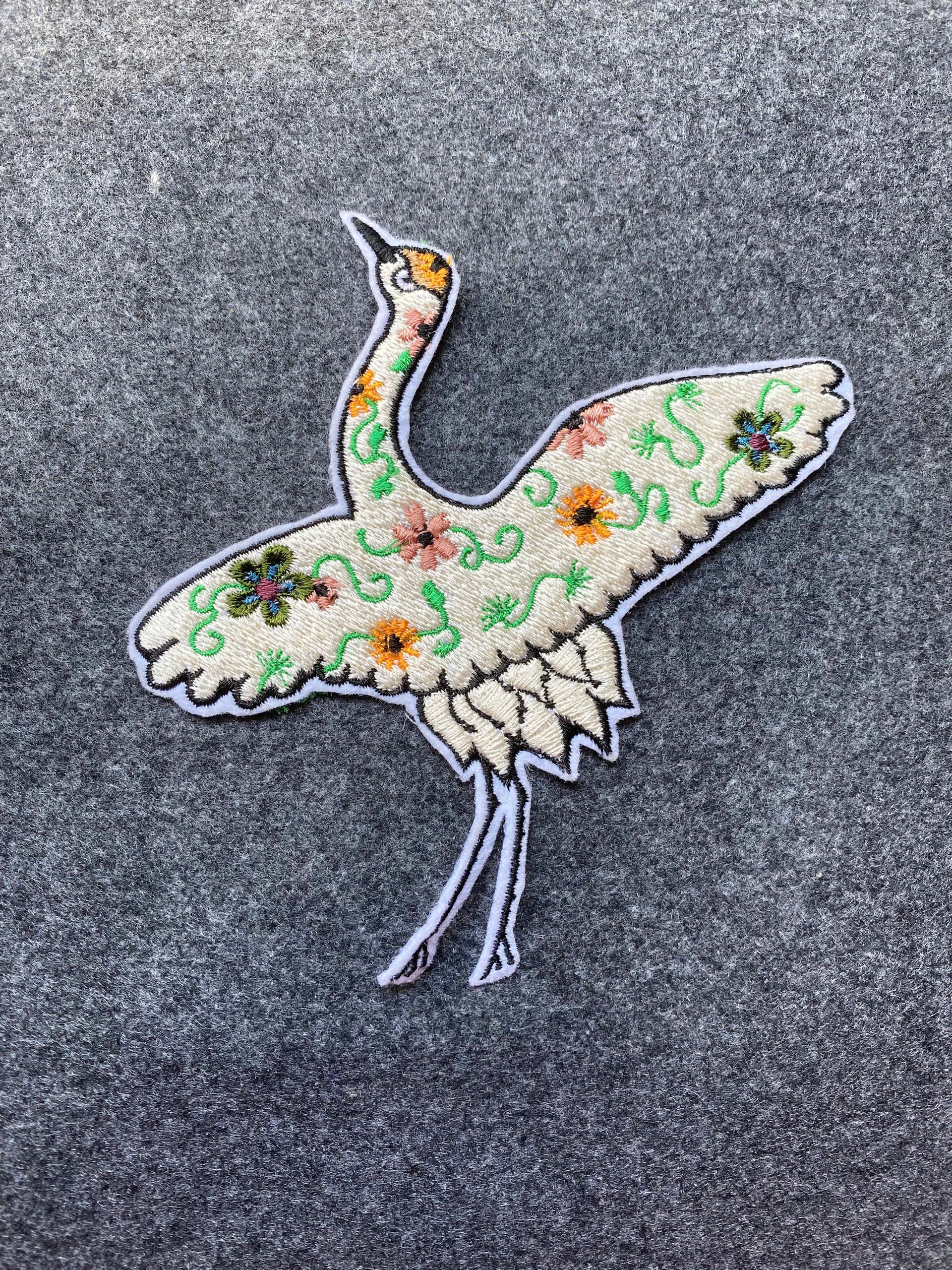 Floral Crane Bird Patch - iron-on embroidered patch