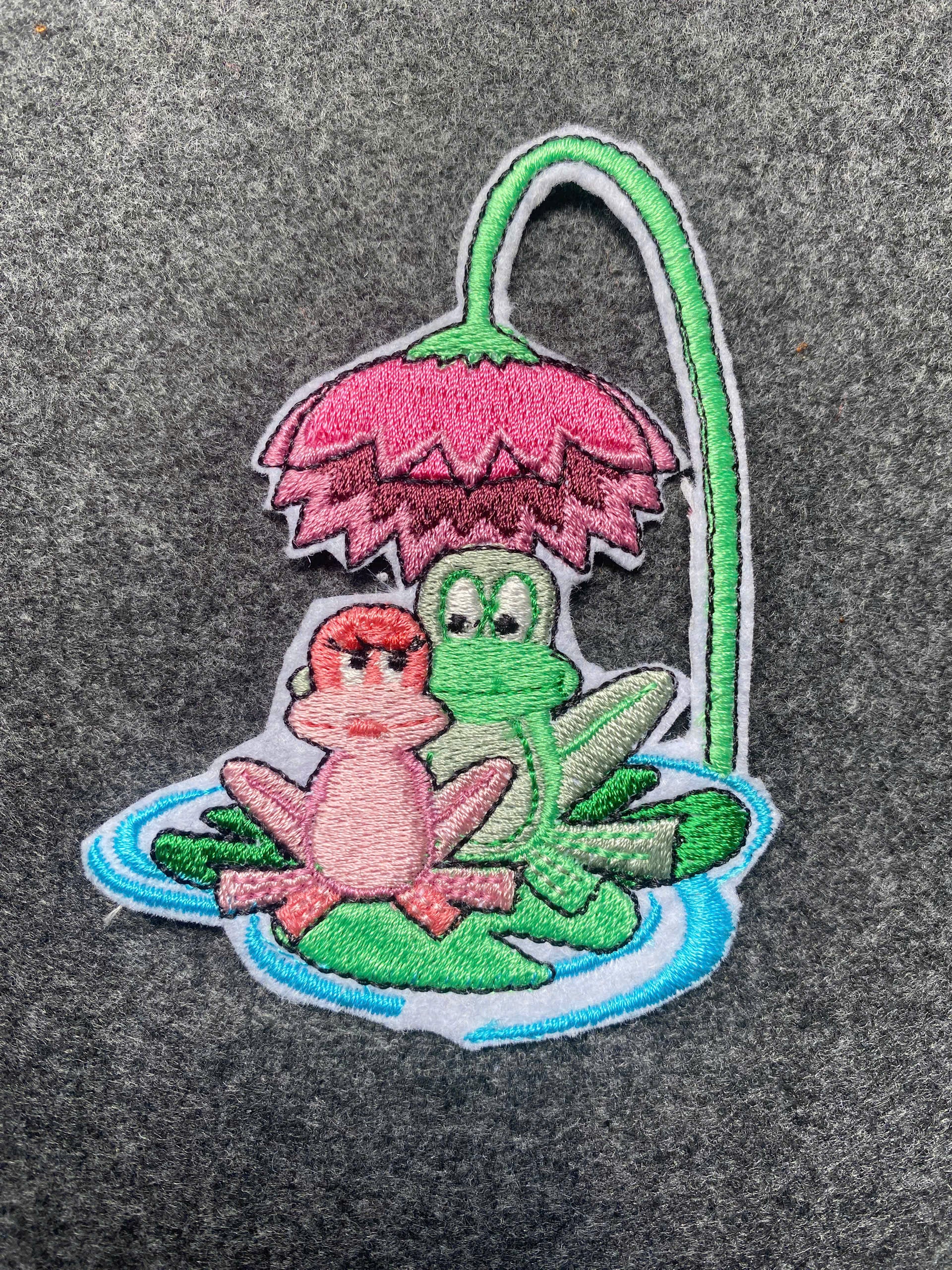 Frogs Under Lotus Flower Patch - iron-on embroidered patch