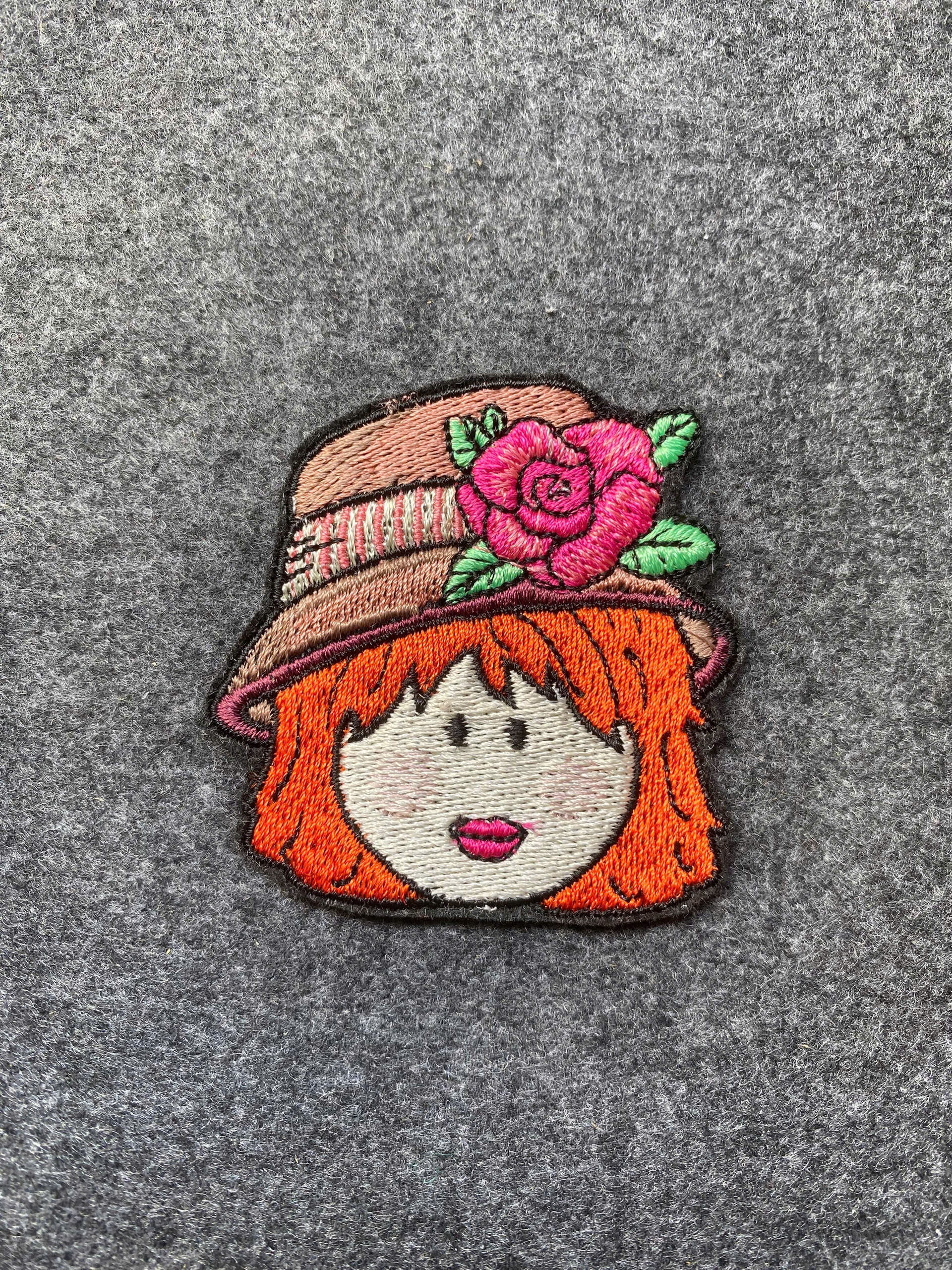 Girl Face with Rose Hat Patch - iron-on embroidered patch
