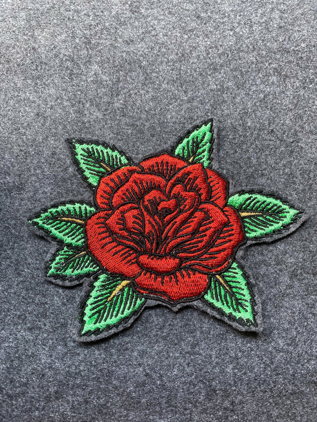Large Red Rose with Leaves Patch - iron-on embroidered patch