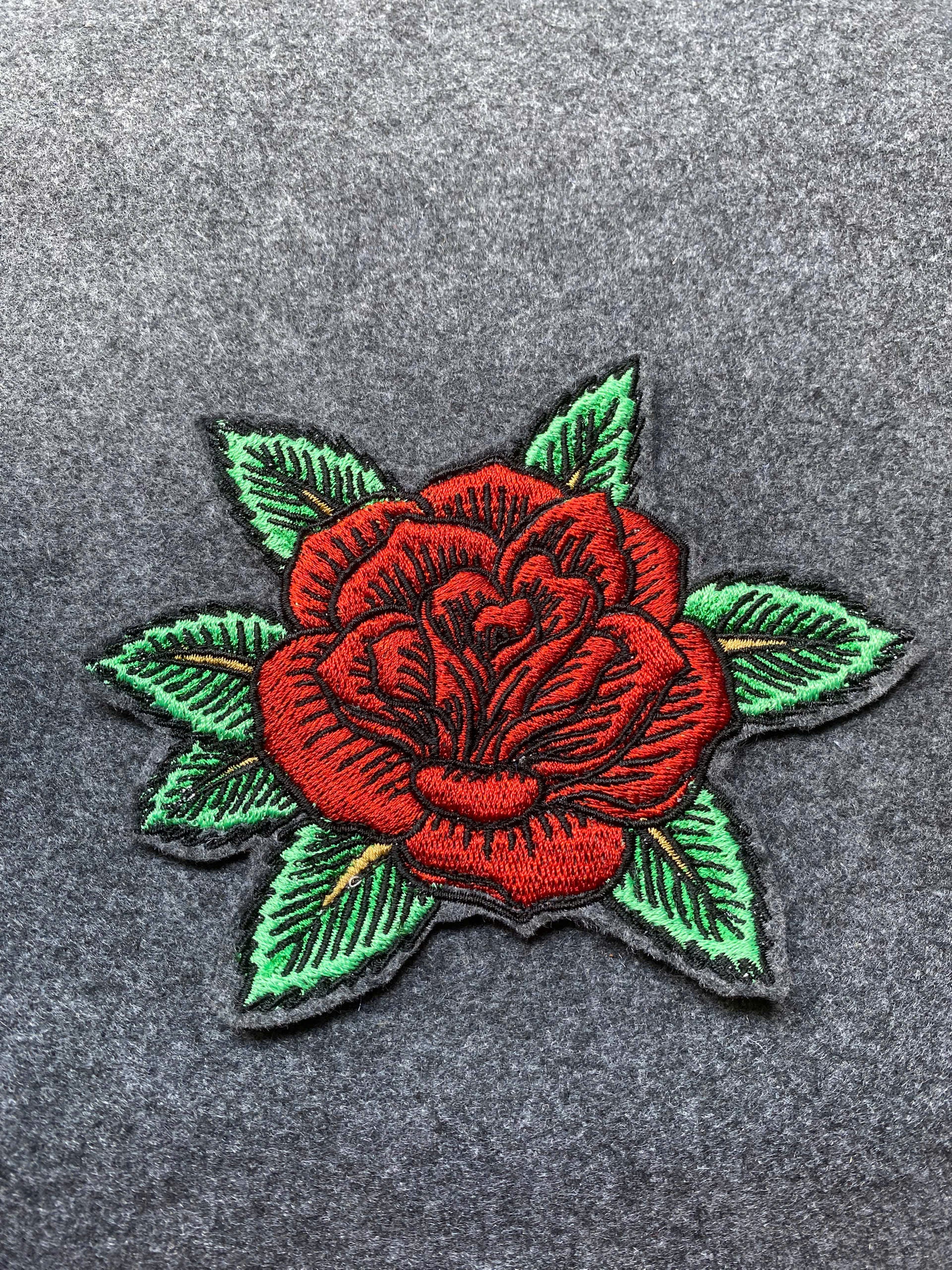 Large Red Rose with Leaves Patch - iron-on embroidered patch