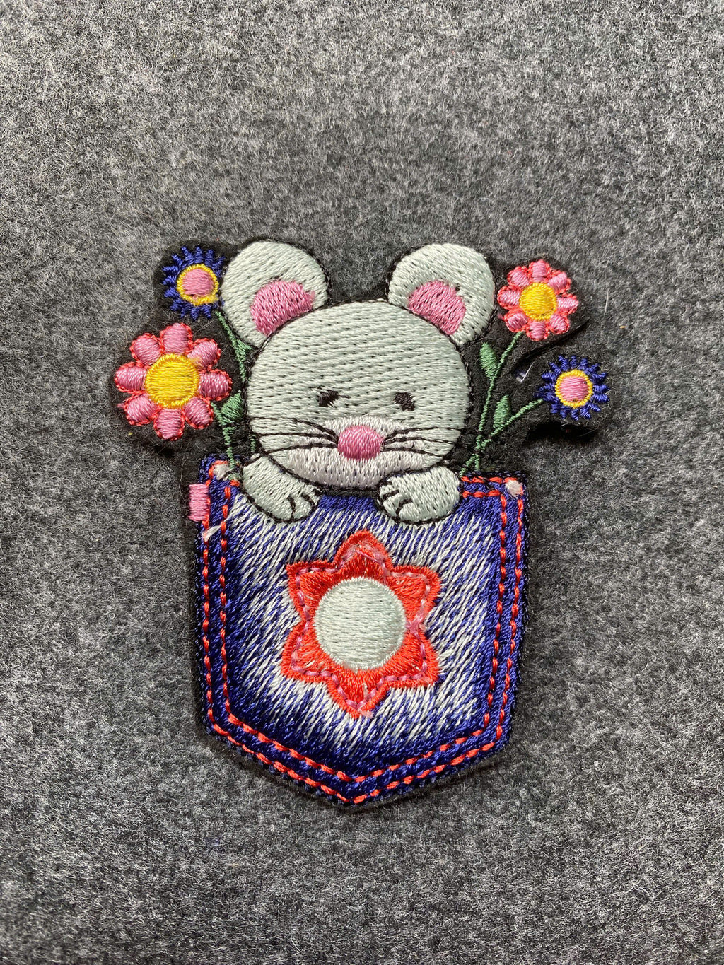 Mouse in Pocket Flowers Patch - iron-on embroidered patch