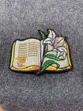 Open Bible with Lily Patch - iron-on embroidered patch