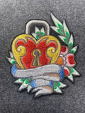 Ornate Heart Lock with Ribbon Patch - iron-on embroidered patch