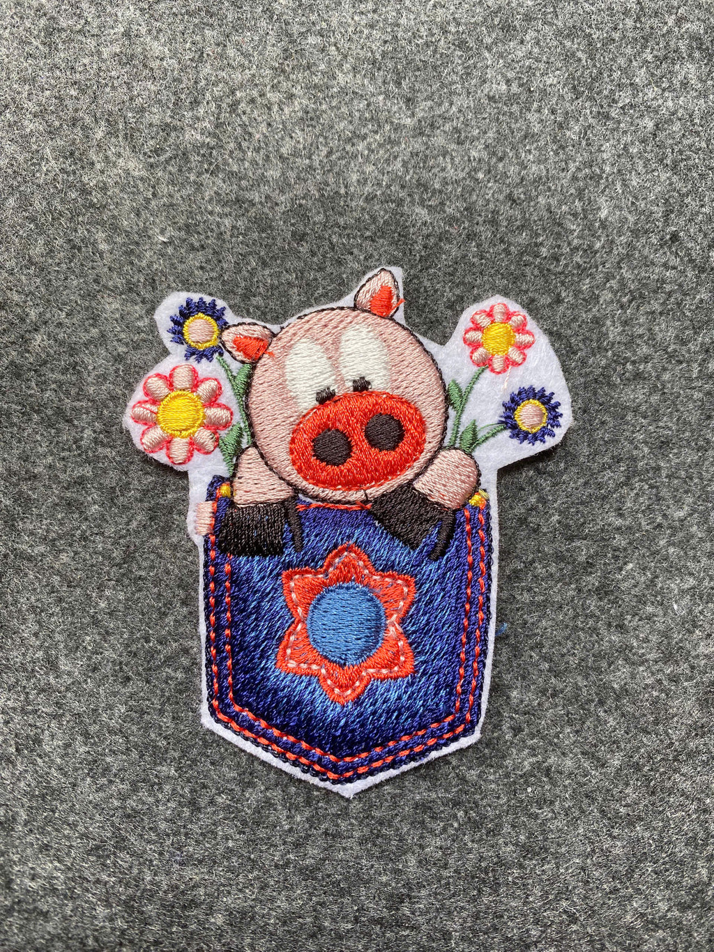 Pig in Pocket Flowers Patch - iron-on embroidered patch