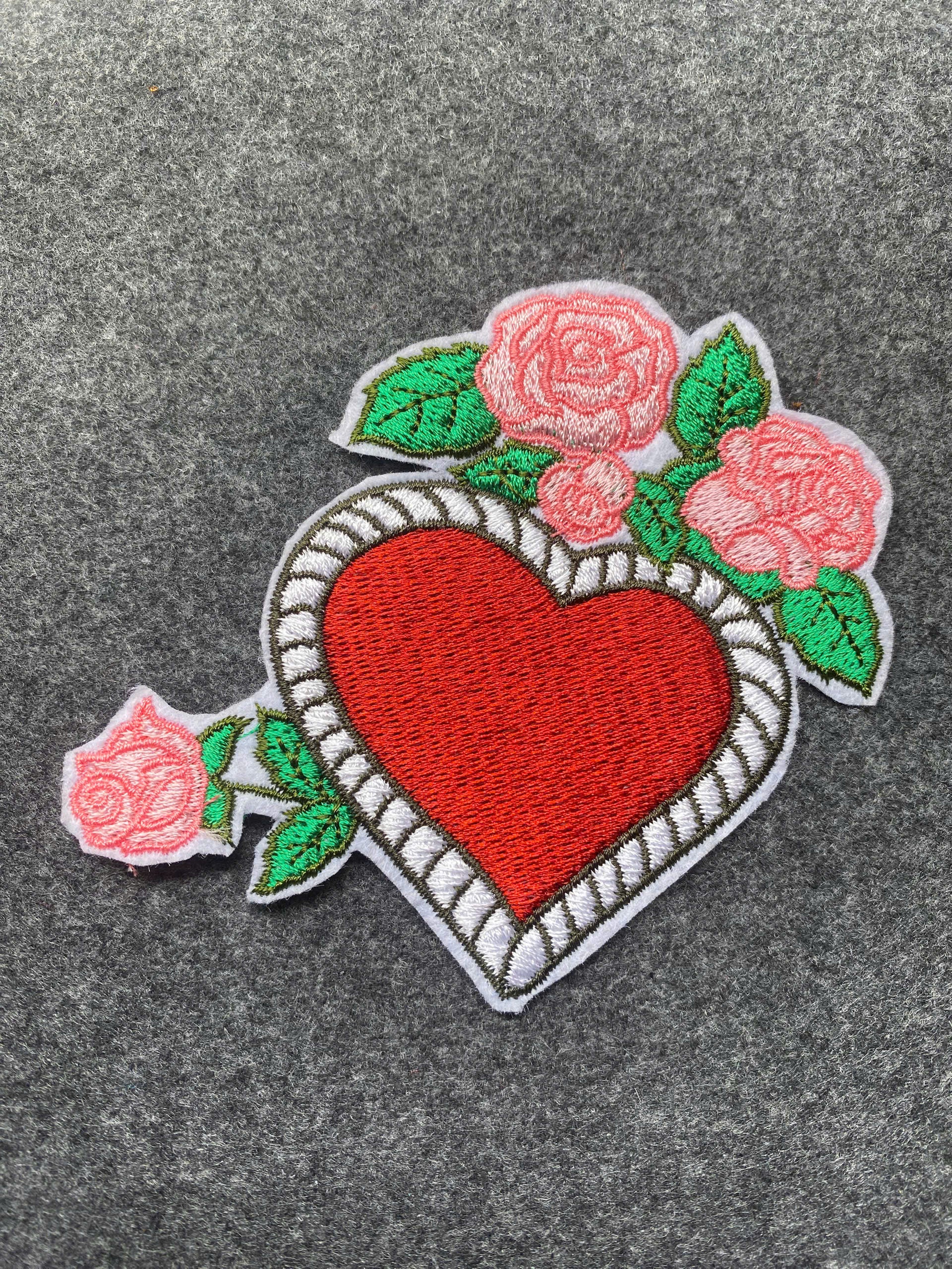 Pink Roses Heart Frame Patch - iron-on embroidered patch