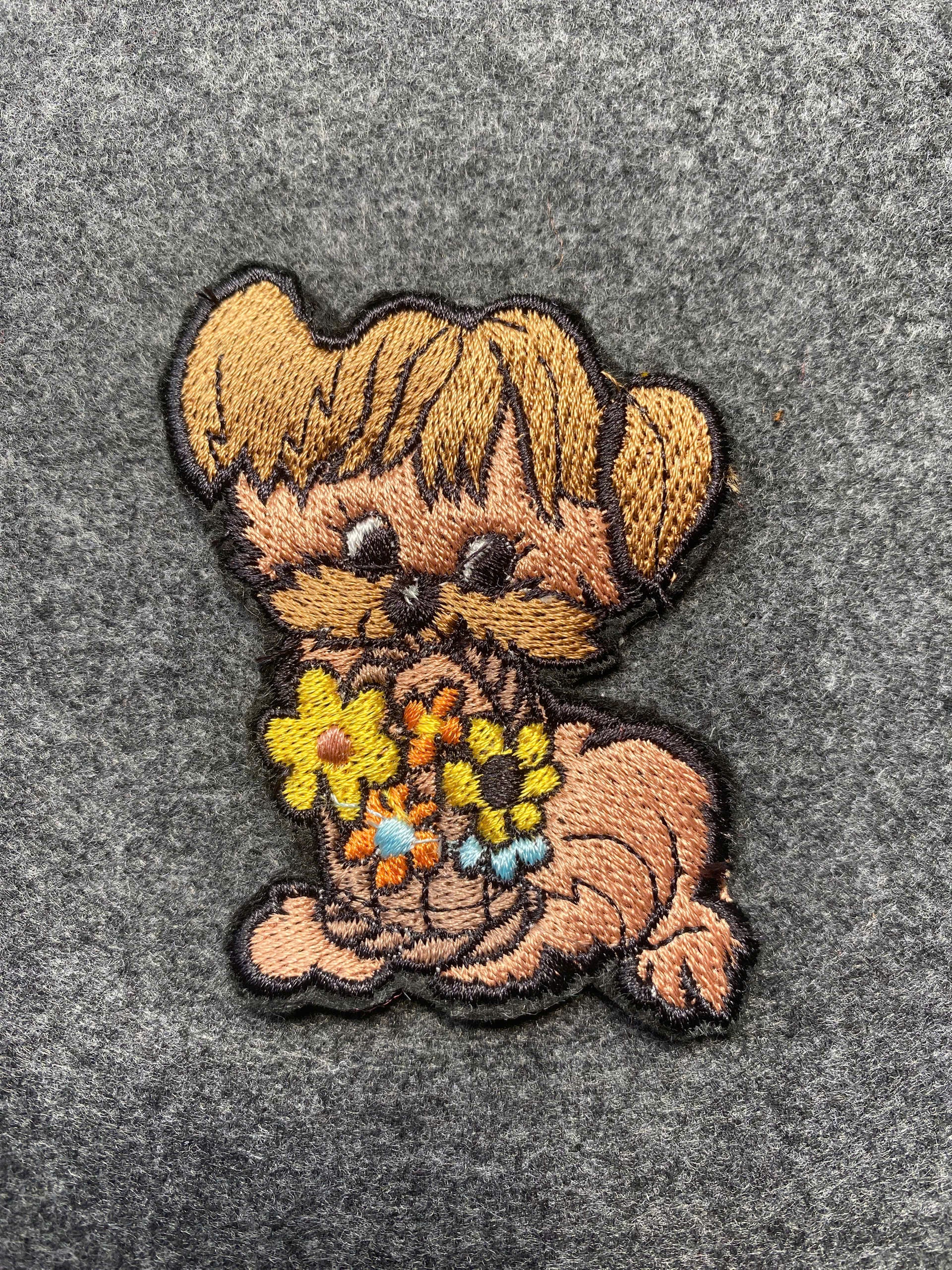 Puppy with Flower Basket Patch - iron-on embroidered patch