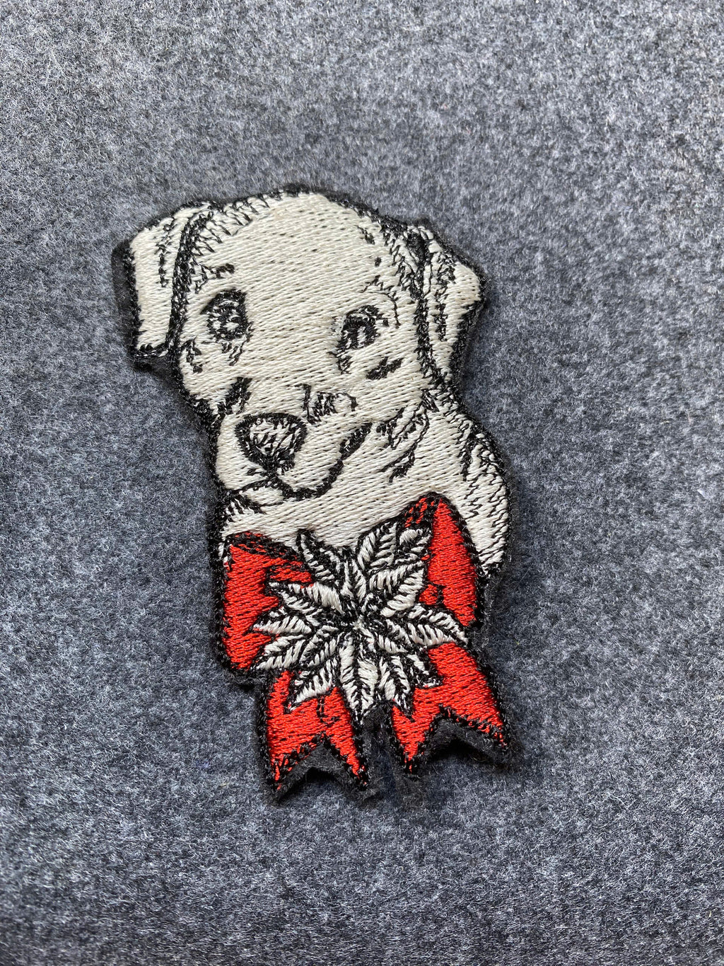 Puppy with Holly Bow Patch - iron-on embroidered patch