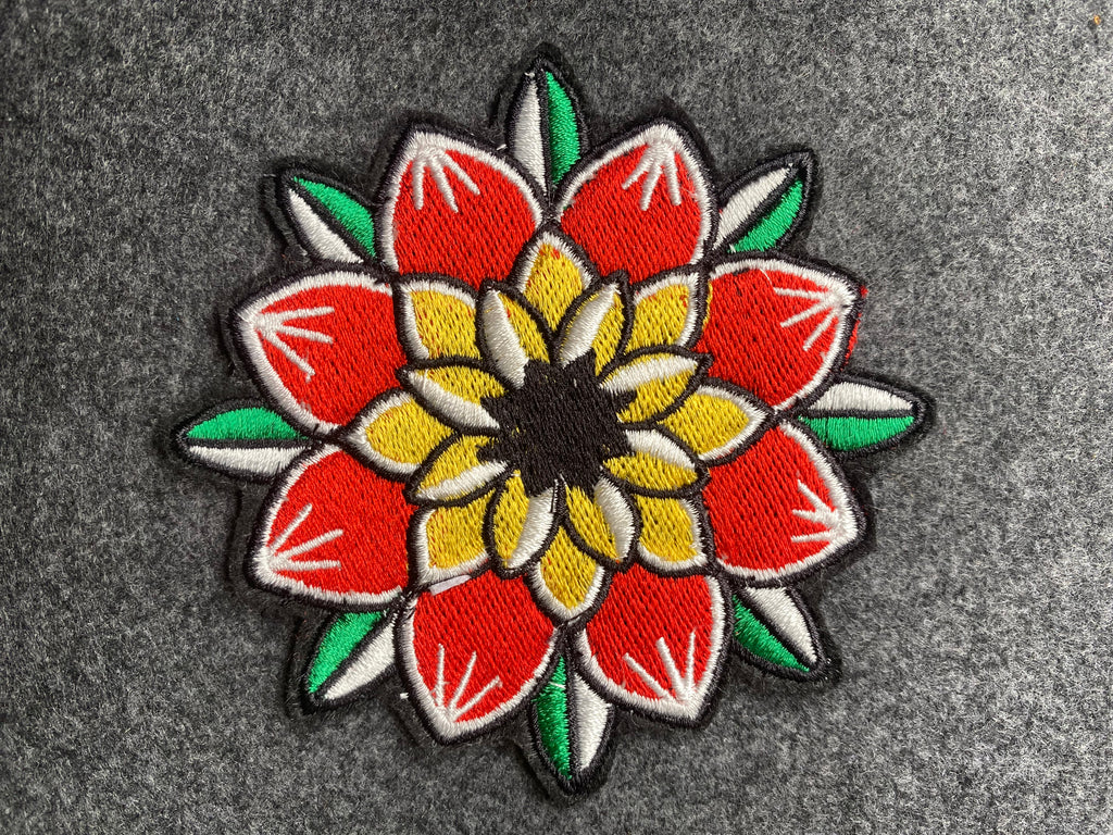 Red and Yellow Flower Mandala Patch - iron-on embroidered patch