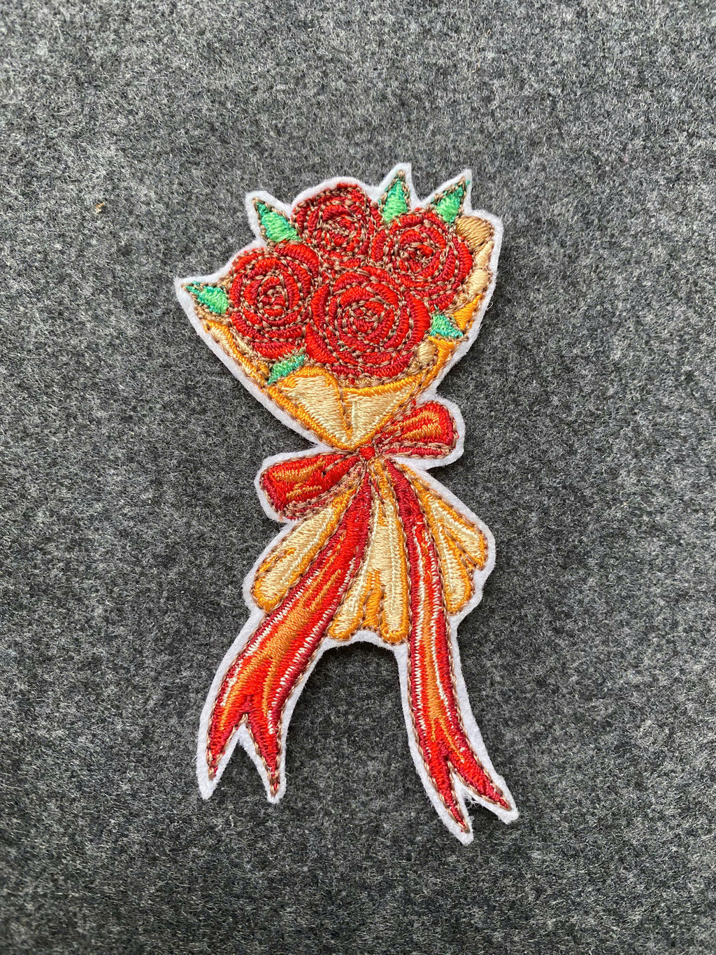 Red Rose Bouquet with Ribbon Patch - iron-on embroidered patch