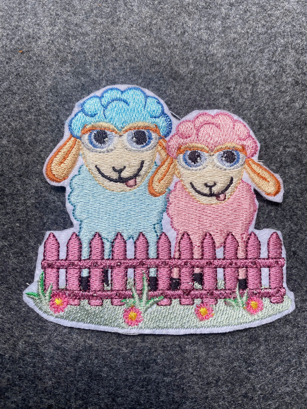 Sheep Pair on Fence Patch - iron-on embroidered patch
