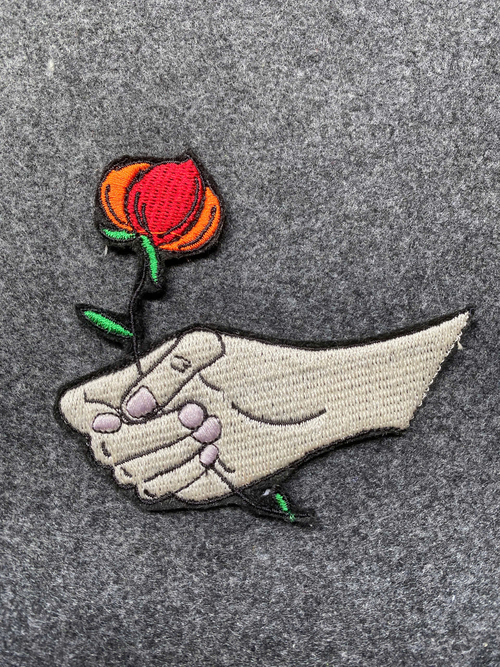Skeleton Hand Holding Rose Patch - iron-on embroidered patch