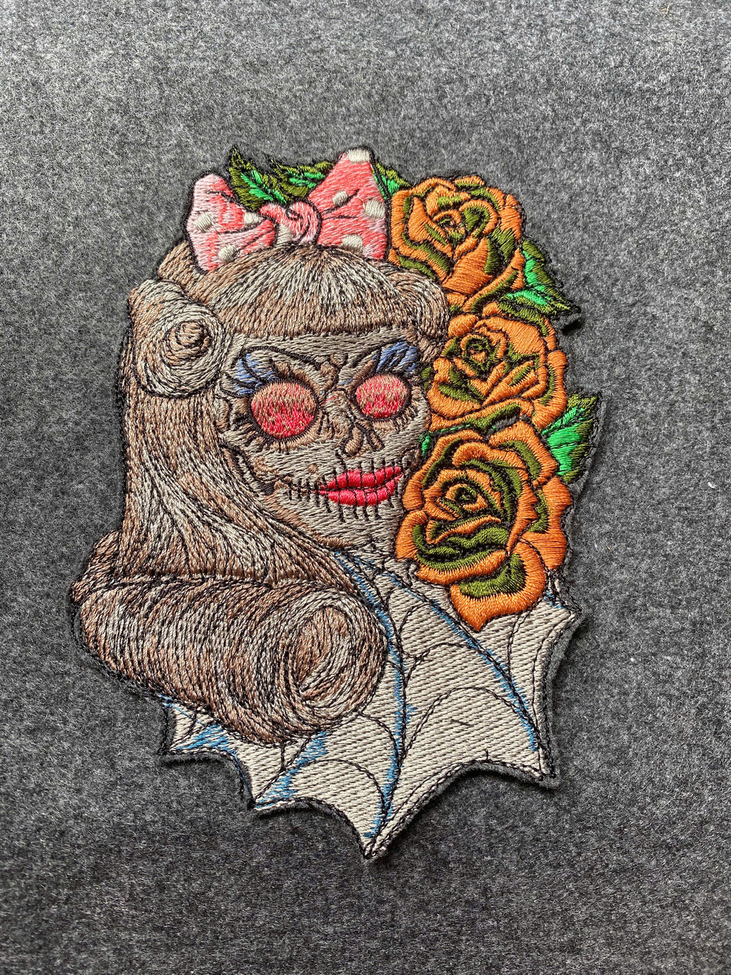 Skull with Bow and Roses Patch - iron-on embroidered patch