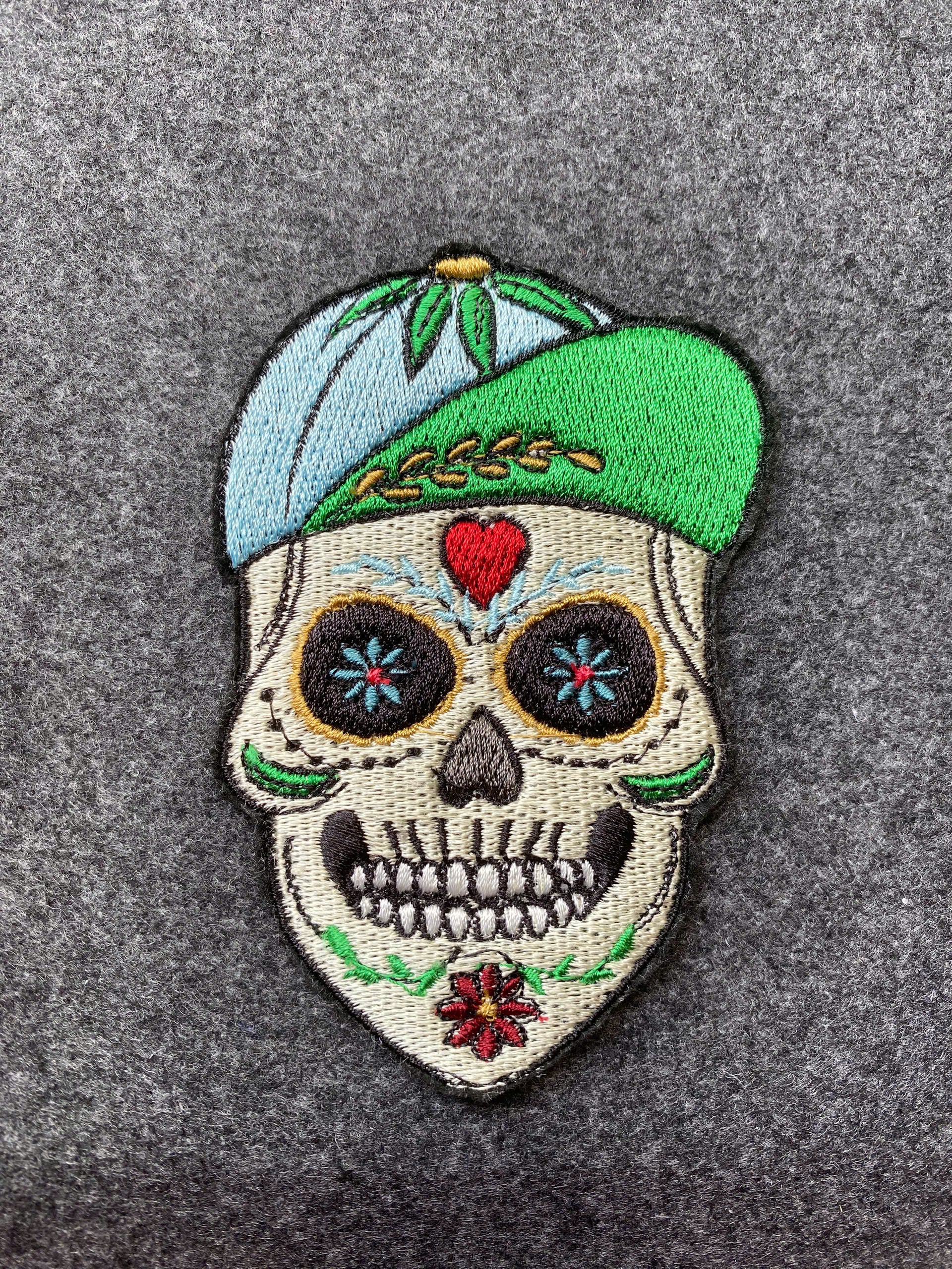 Skull with Leaf Hat and Roses Patch - iron-on embroidered patch