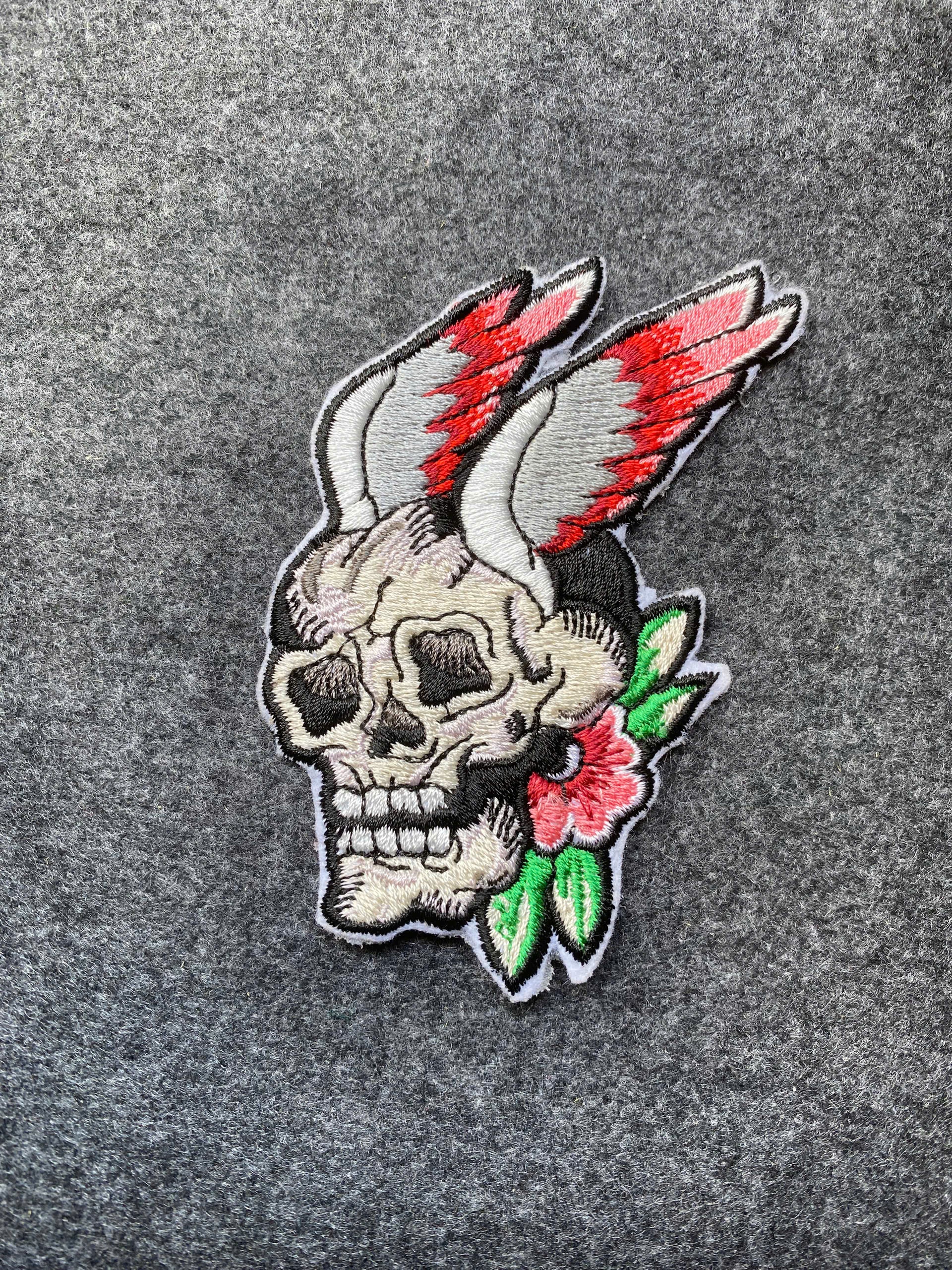 Skull with Rose Wings Patch - iron-on embroidered patch