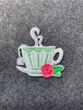 Steaming Teacup with Rose Patch - iron-on embroidered patch