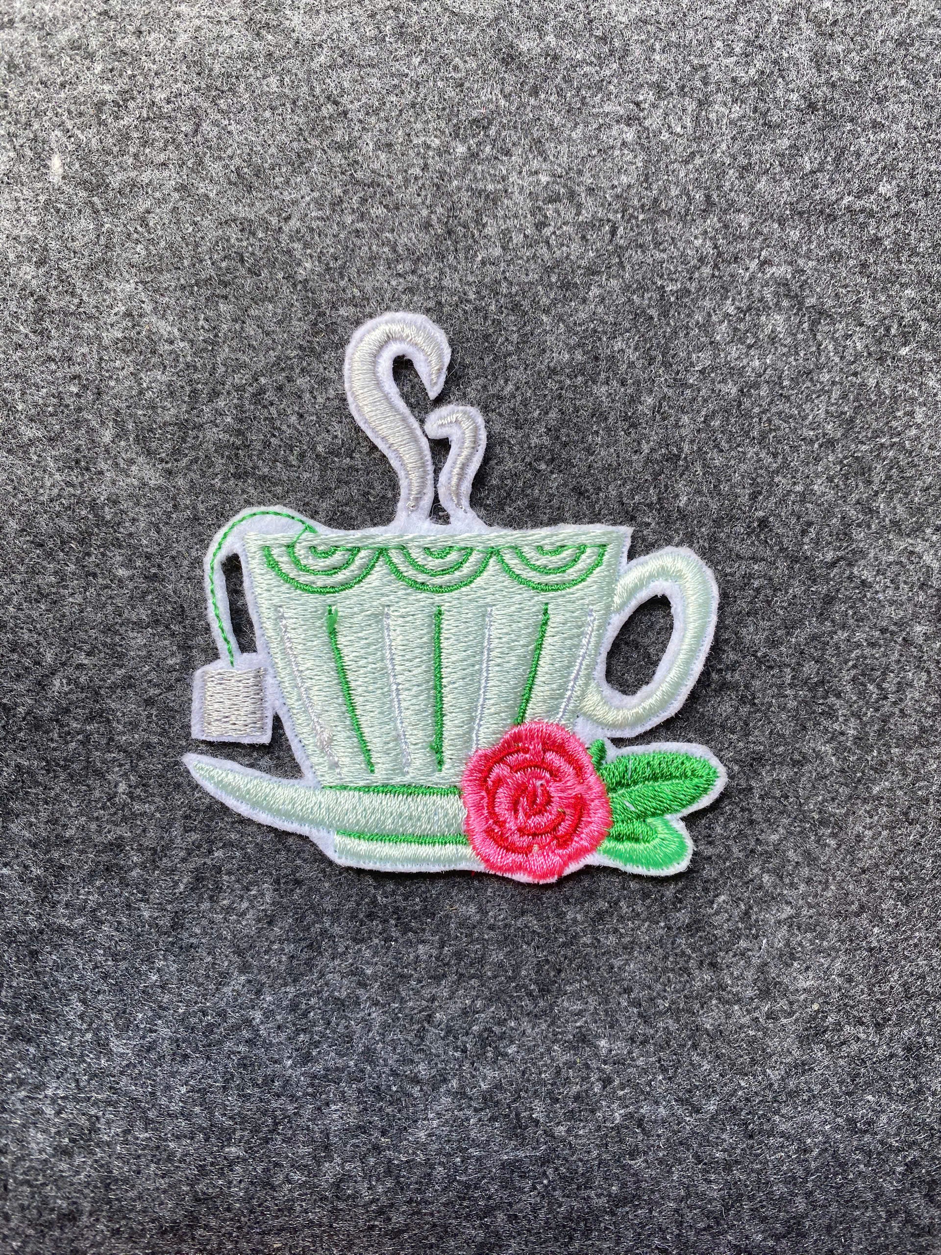 Steaming Teacup with Rose Patch - iron-on embroidered patch