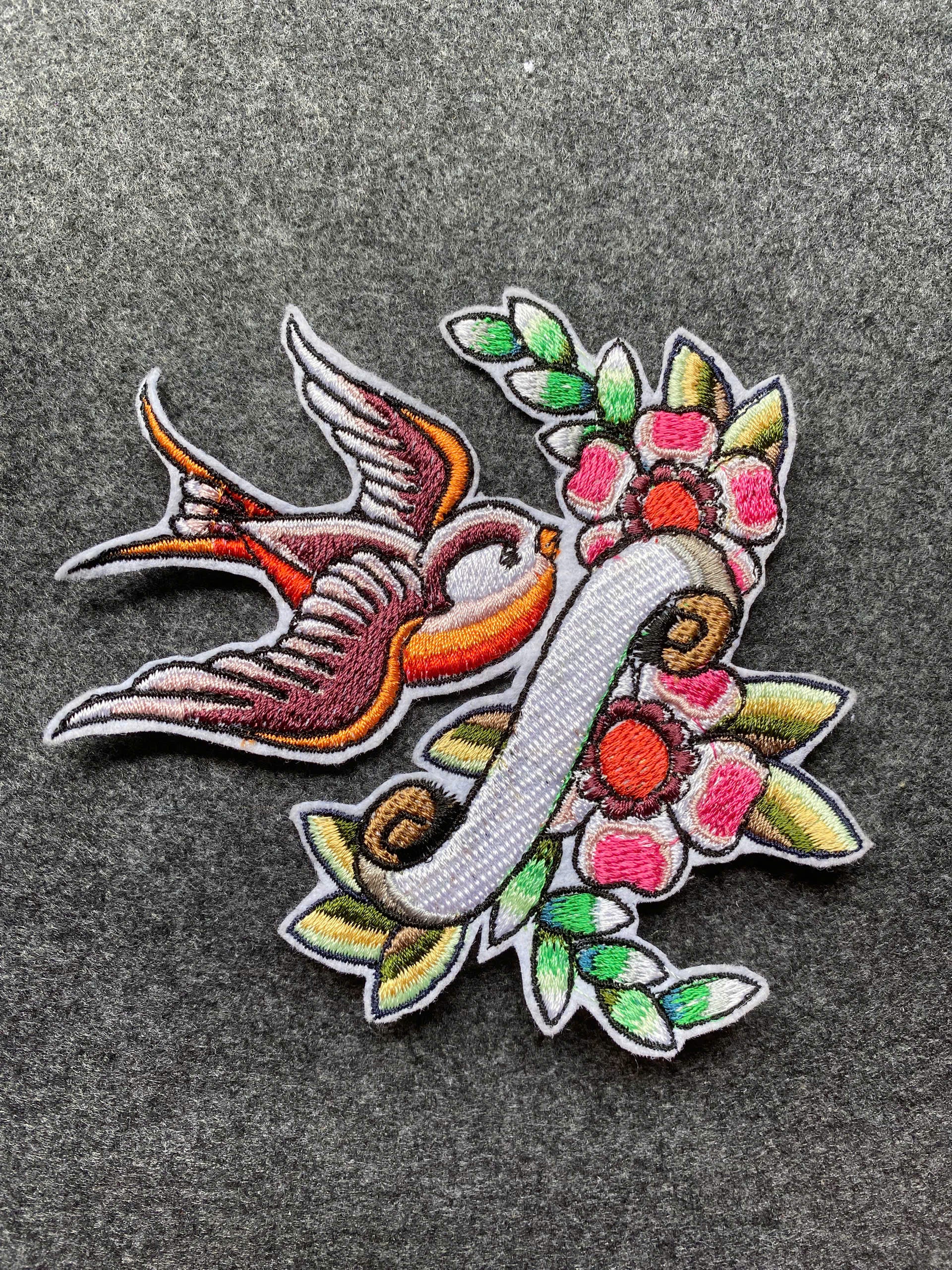 Swallow Bird Banner Flowers Patch - iron-on embroidered patch