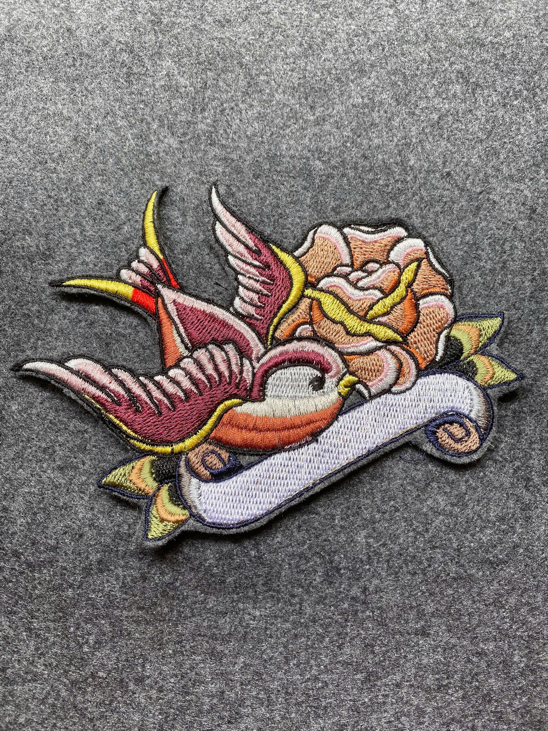 Swallow with Rose Patch - iron-on embroidered patch
