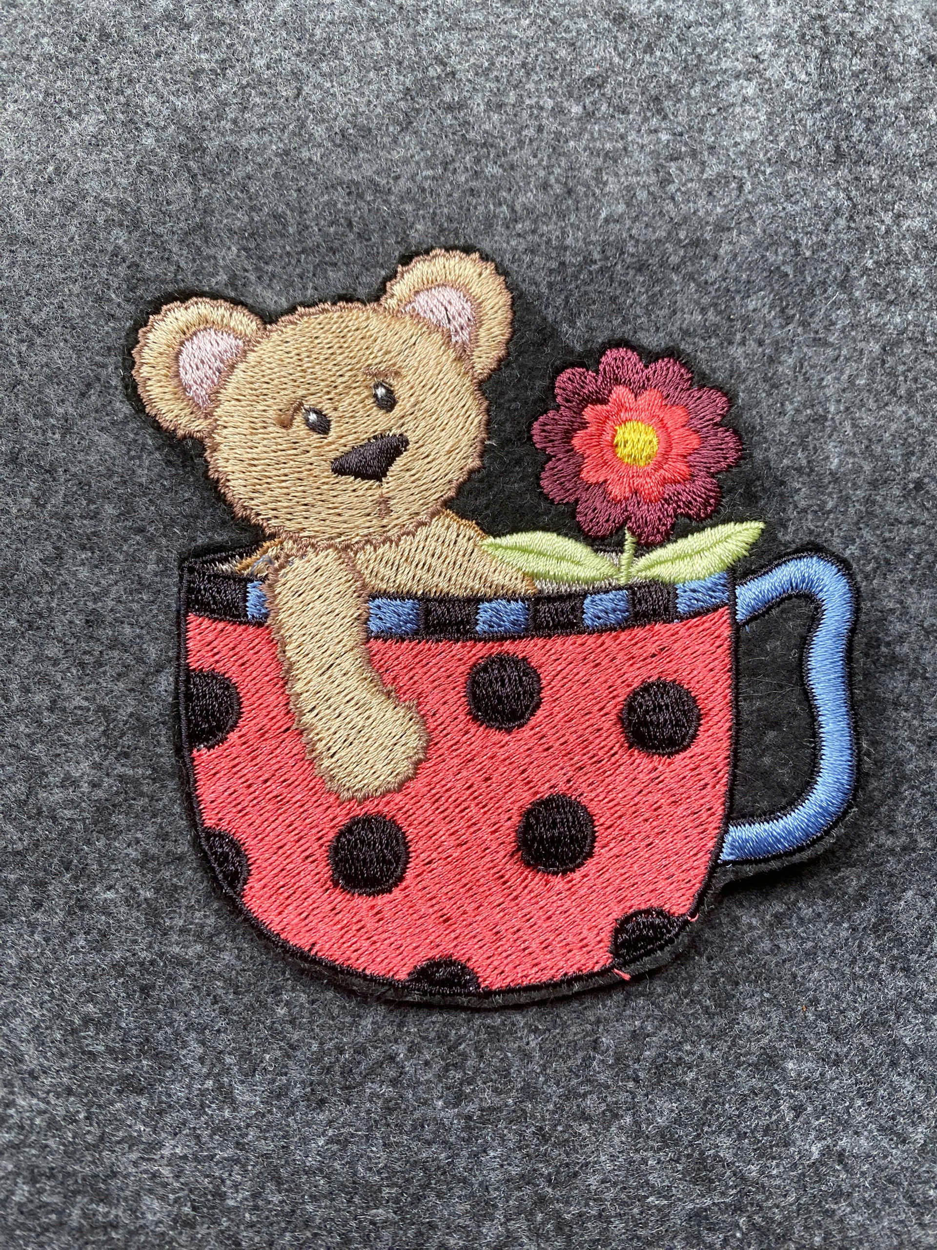 Teddy Bear in Teacup Patch - iron-on embroidered patch
