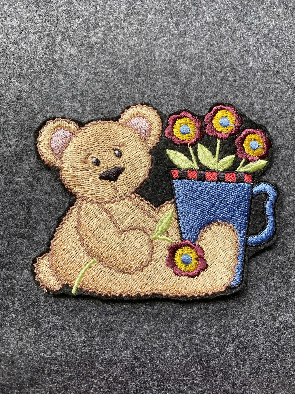 Teddy Bear with Flower Vase Patch - iron-on embroidered patch