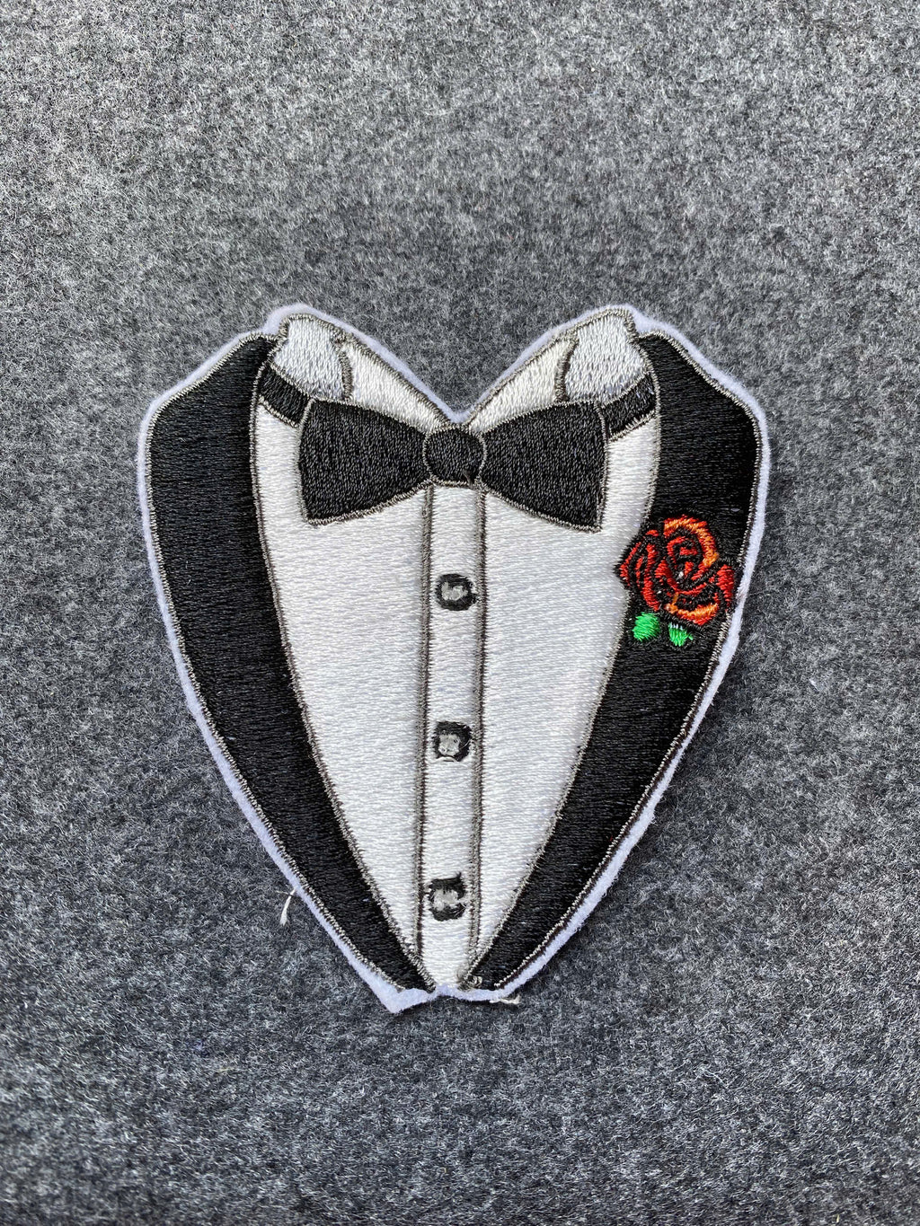 Tuxedo Heart with Rose Patch - iron-on embroidered patch