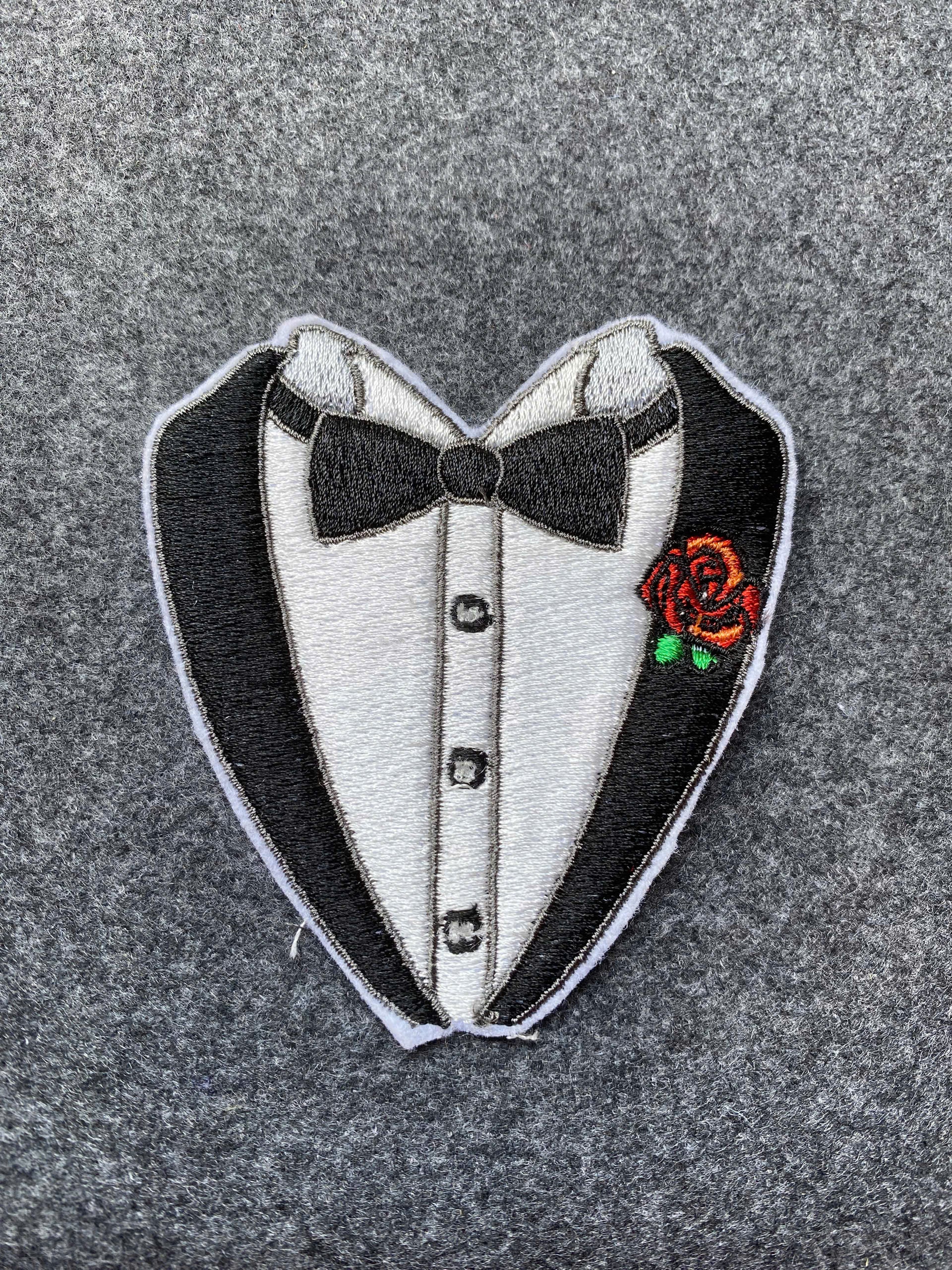 Tuxedo Heart with Rose Patch - iron-on embroidered patch