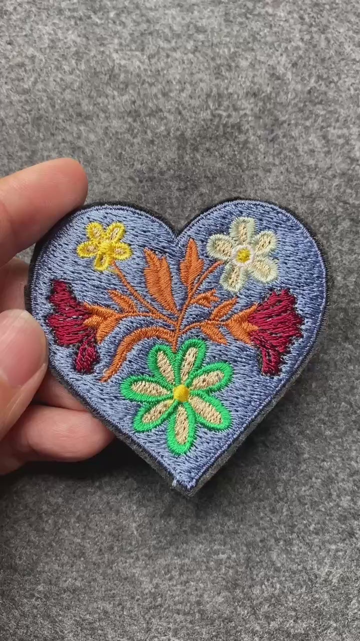 Denim Heart with Flowers Patch