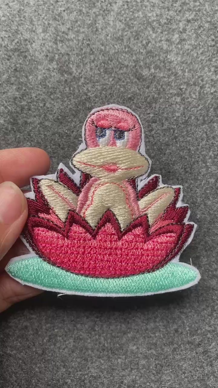 Frog on Lotus Patch - iron-on embroidered patch