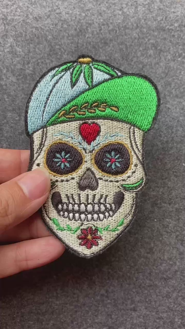 Skull with Leaf Hat and Roses Patch