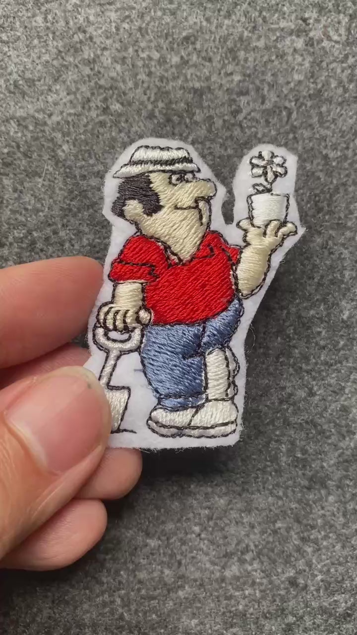 Gardener Man with Flower Pot Patch - iron-on embroidered patch